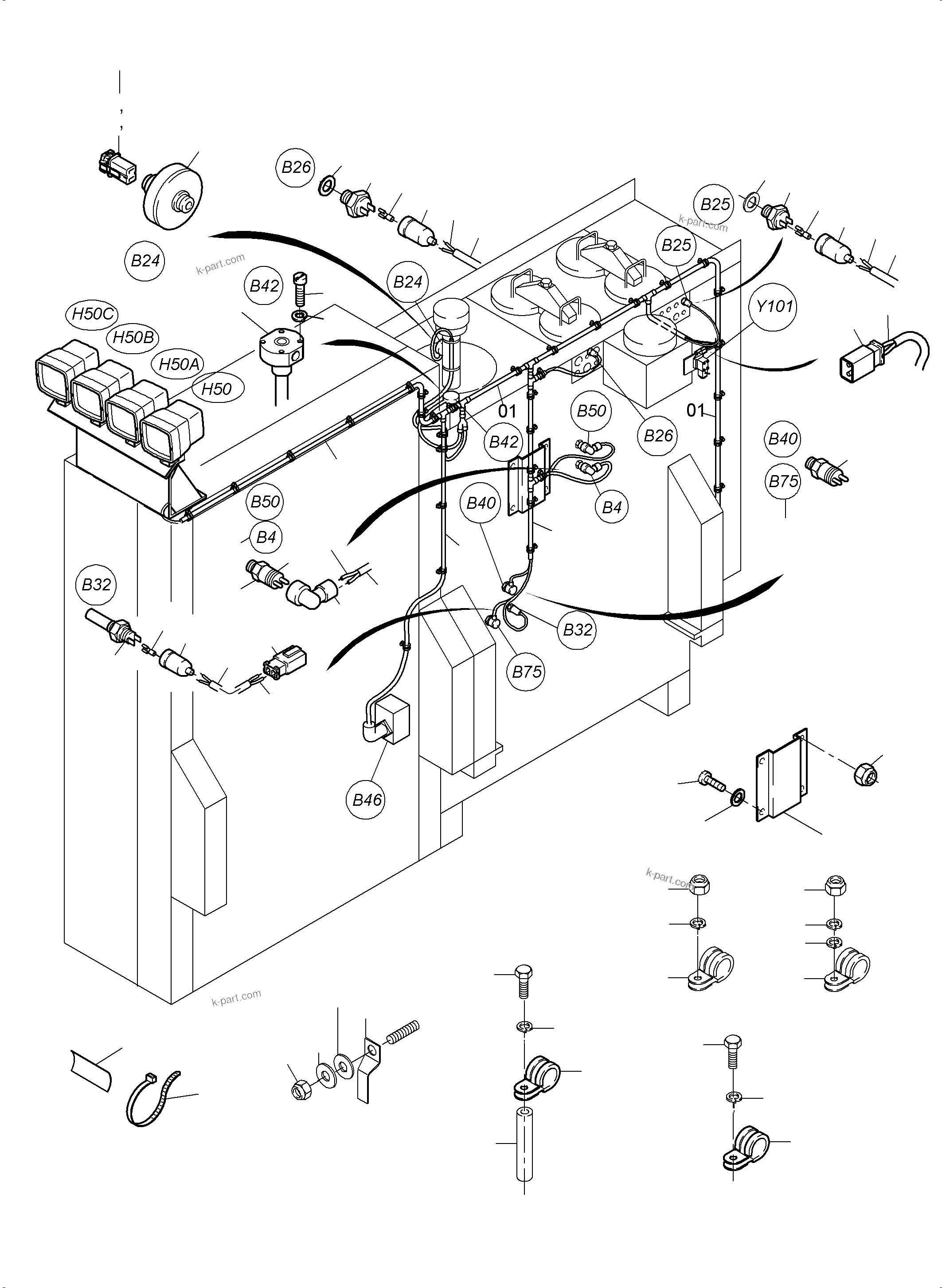 Komatsu parts book diagram for PC3000-6 S/N 46243: CABLES - OIL TANK AND SWITCH