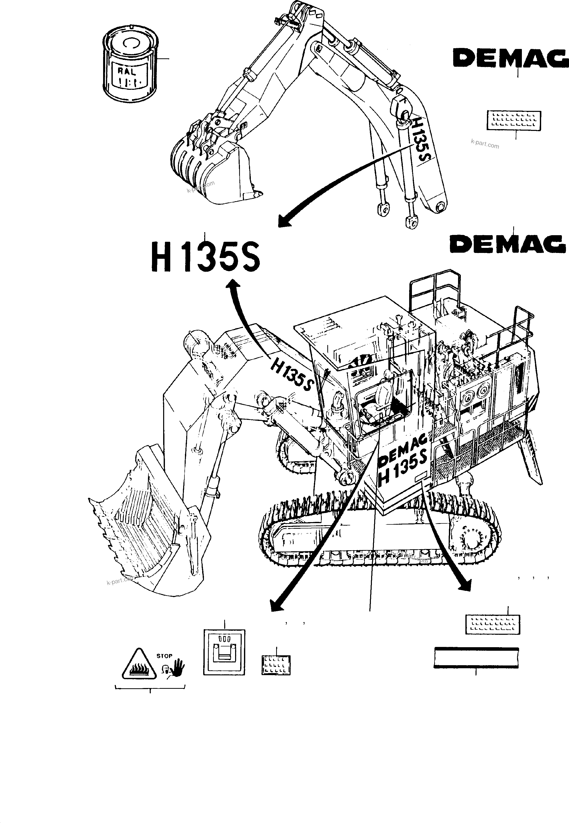 Komatsu parts book diagram for H135S S/N 61064: PAINTING/DECALS/STOP PADS