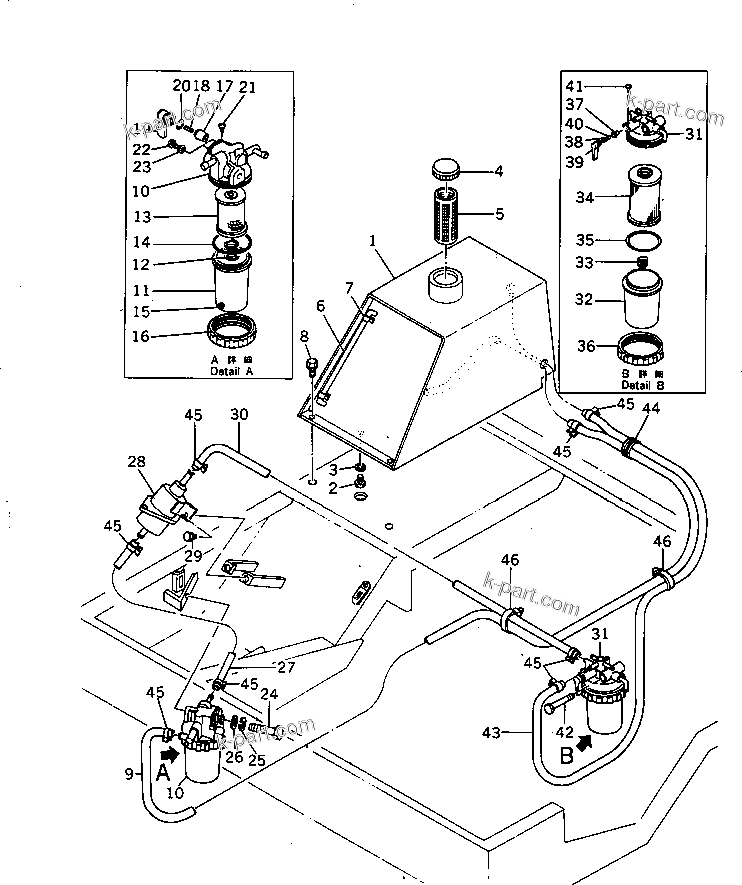 Komatsu parts book diagram for HD20-1 S/N 00001-UP: FUEL TANK AND PIPING