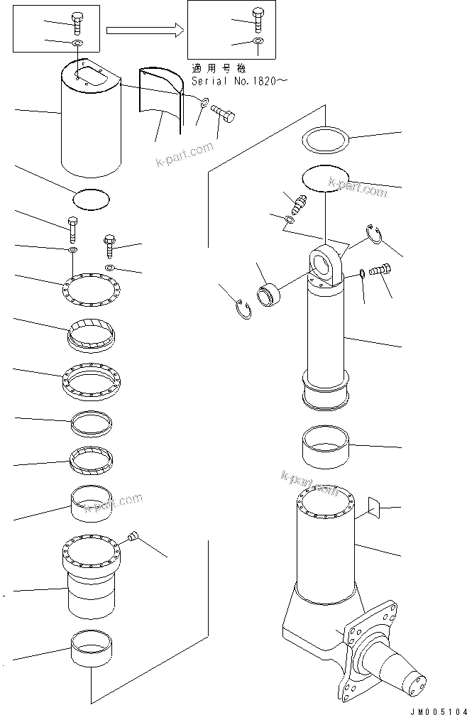 Komatsu parts book diagram for HD255-5 S/N 1001-UP: FRONT AXLE (LEFT HAND) (6/6) (FRONT SUSPENSION ASSEMBLY)(#1312-)