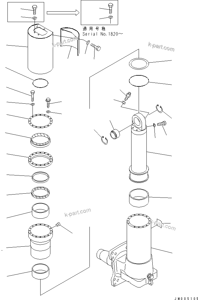 Komatsu parts book diagram for HD255-5 S/N 1001-UP: FRONT AXLE (RIGHT HAND) (6/6) (FRONT SUSPENSION ASSEMBLY)(#1312-)