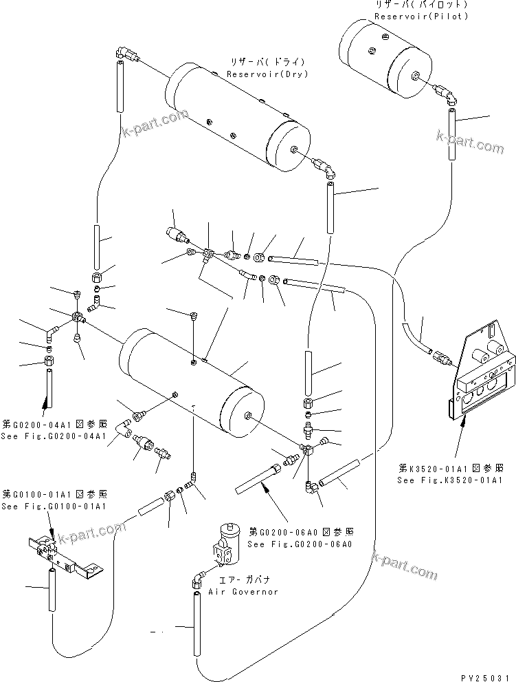 Komatsu parts book diagram for HD255-5 S/N 1001-UP: AIR TANK AND EQUIPMENT (WET AIR TANK) (FOR EMERGENCY BRAKE)(#1001-1200)