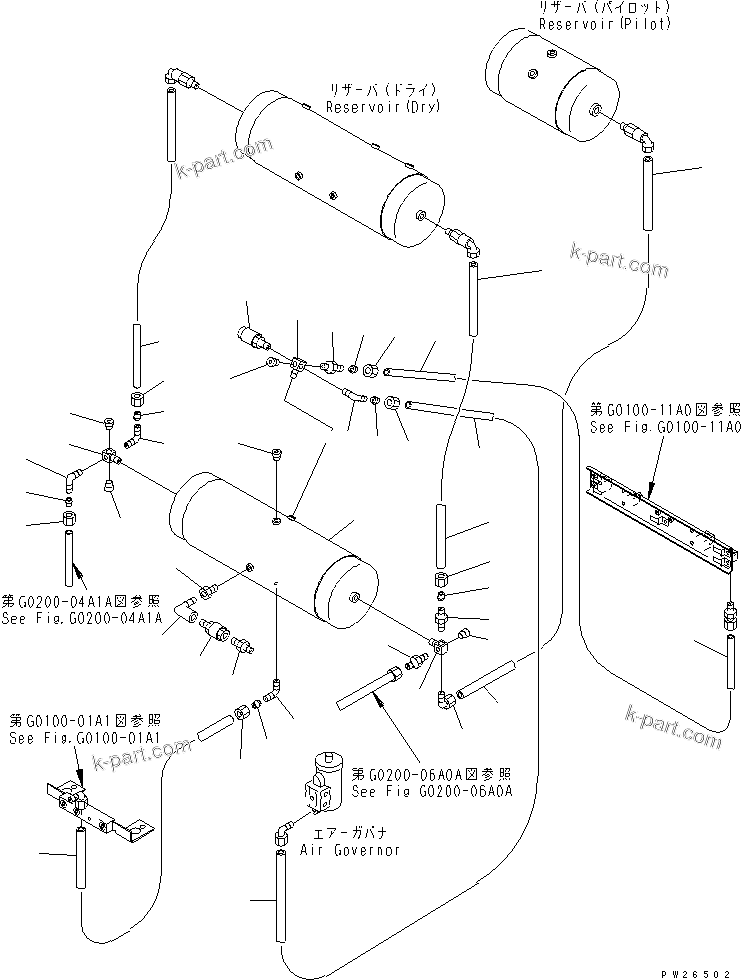 Komatsu parts book diagram for HD255-5 S/N 1001-UP: AIR TANK AND EQUIPMENT (WET AIR TANK) (FOR EMERGENCY BRAKE)(#1201-1600)