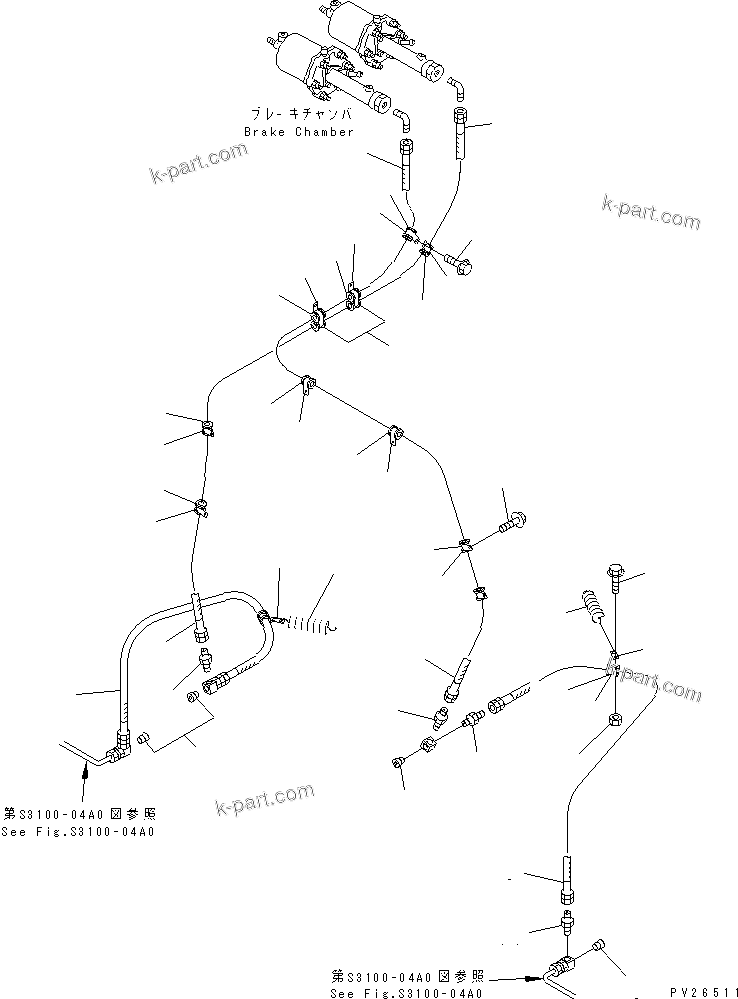 Komatsu parts book diagram for HD255-5 S/N 1001-UP: AIR PIPING (FRONT BRAKE LINE)(#1201-1600)