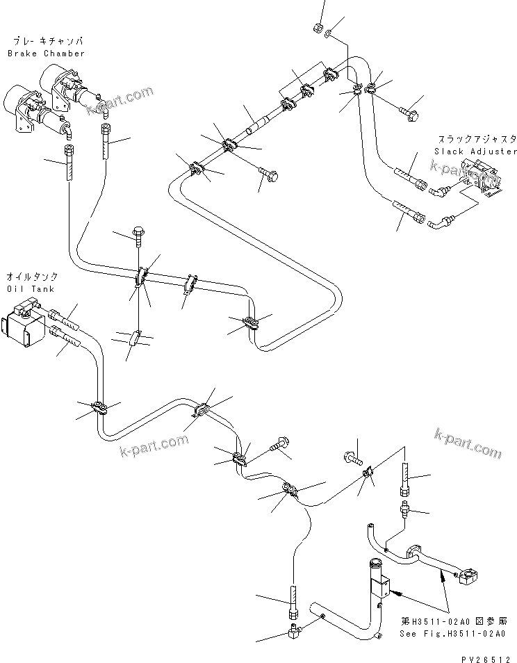 Komatsu parts book diagram for HD255-5 S/N 1001-UP: AIR PIPING (REAR BRAKE LINE)(#1201-1600)