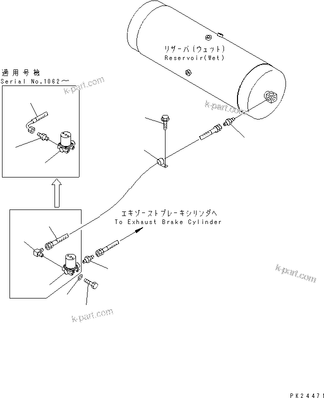 Komatsu parts book diagram for HD255-5 S/N 1001-UP: AIR PIPING (EXAUST BRAKE LINE)(#1001-1200)