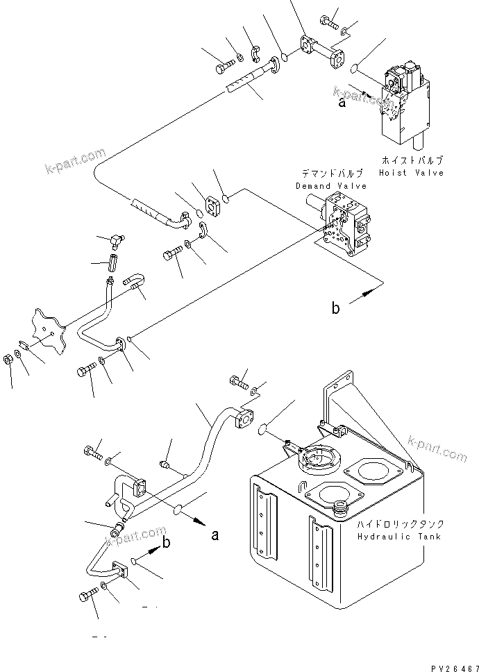 Komatsu parts book diagram for HD255-5 S/N 1001-UP: STEERING AND HOIST PIPING (PIPING) (TANK RELATED) (FOR EMERGENCY STEERING)(#1201-1600)