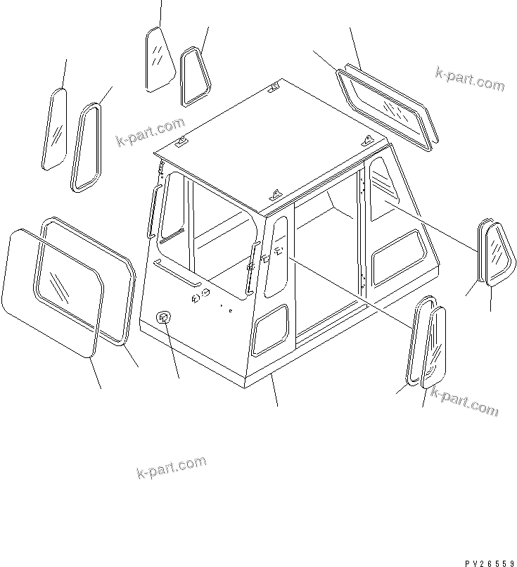 Komatsu parts book diagram for HD255-5 S/N 1001-UP: OPERATOR'S CAB (GLASS) (FOR ENGINE SIDE COVER)(#1201-1600)