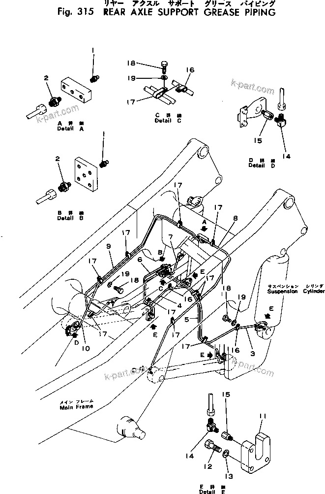 Komatsu parts book diagram for HD460-1 S/N 1002-UP: REAR AXLE SUPPORT GREASE PIPING