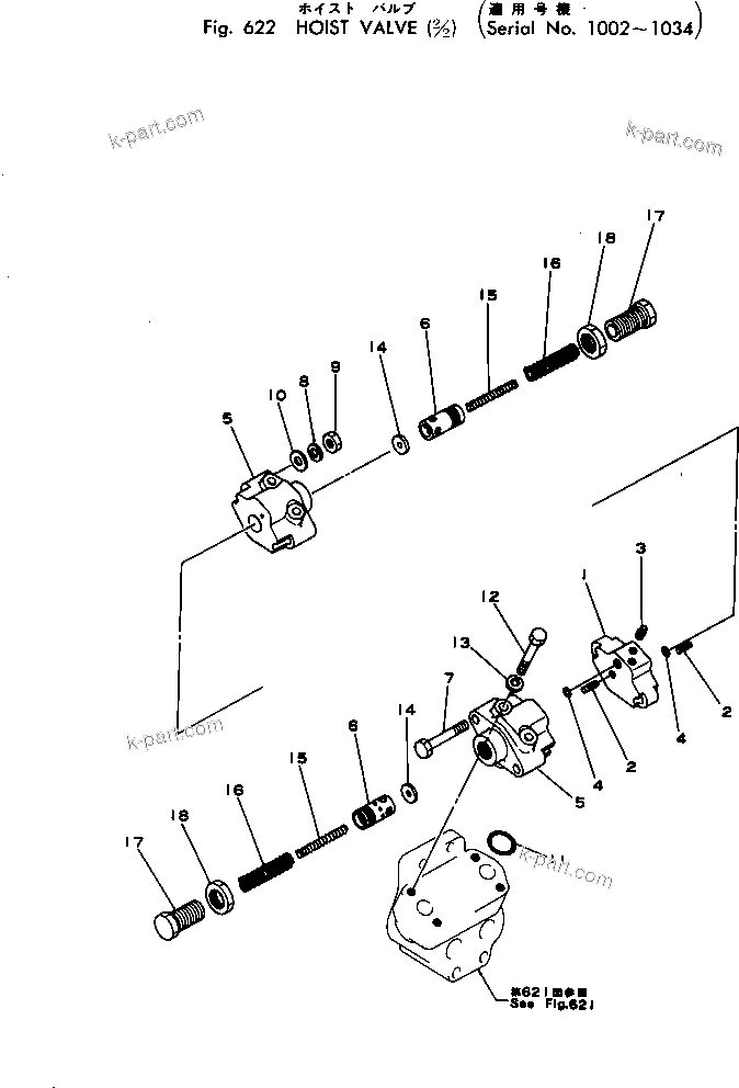 Komatsu parts book diagram for HD460-1 S/N 1002-UP: HOIST VALVE (2/2)(#1002-1034)