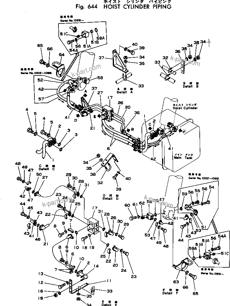 Komatsu parts book diagram for HD460-1 S/N 1002-UP: HOIST CYLINDER PIPING
