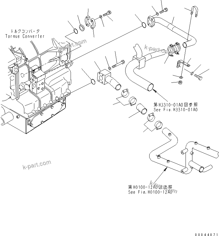 Komatsu parts book diagram for HD465-7R S/N 15001-15351 (W/O EGR): HYDRAULIC PIPING (TORQUE CONVERTER AND TRANSMISSION PUMP LINE) (2/2)(#15001-15024)