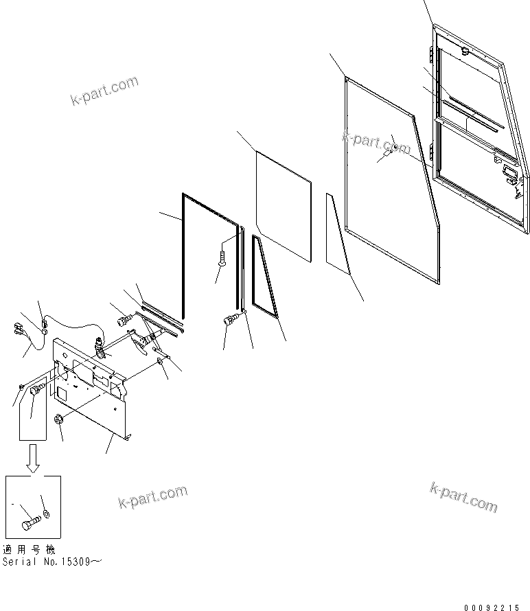 Komatsu parts book diagram for HD465-7R S/N 15001-15351 (W/O EGR): OPERATOR'S CAB (L.H. DOOR ? WINDOW GLASS AND RELATED PARTS)(#15001-)