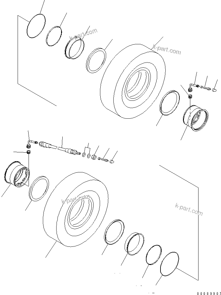 Komatsu parts book diagram for HD465-7R S/N 15001-15351 (W/O EGR): RIM AND TIRE (REAR) (24.0-R35 ?E4 ?FBEL150) (FOR WIL RIM)(#15309-)