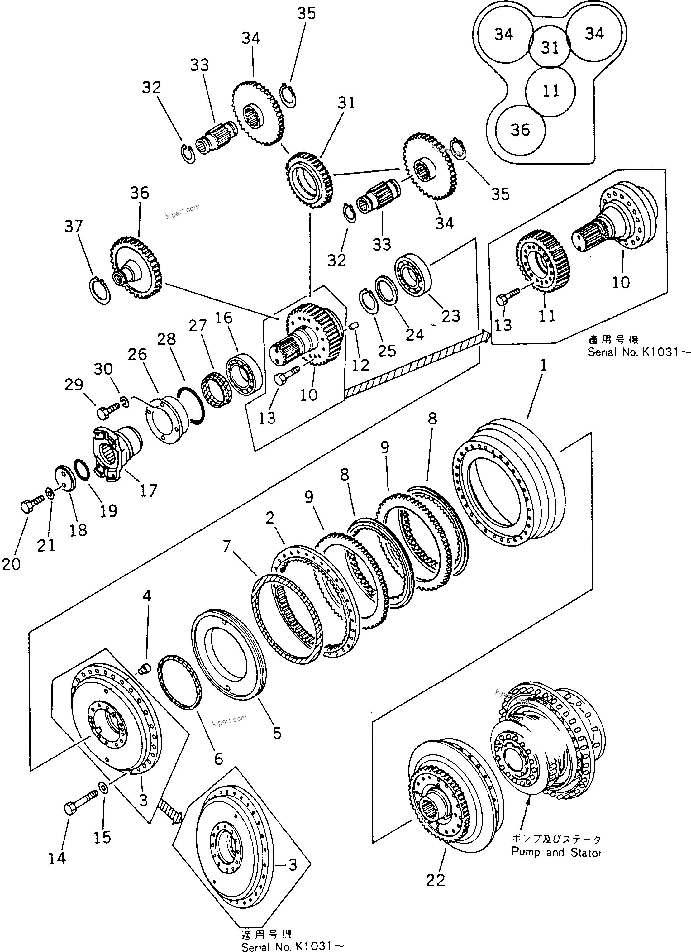 Komatsu parts book diagram for HD780-1 S/N 1002-UP: INPUT SHAFT AND TURBINE(#10002-)