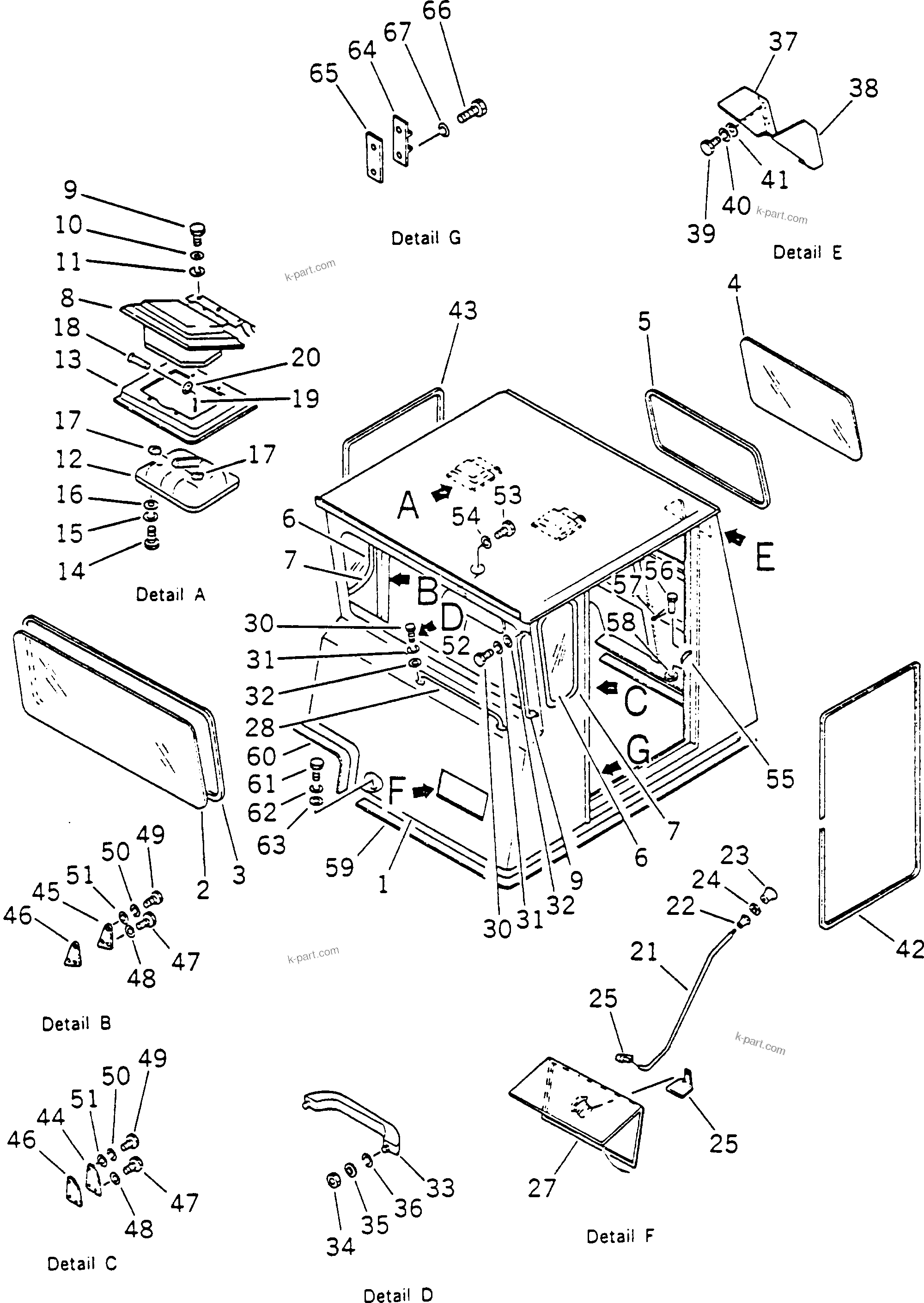 Komatsu parts book diagram for HD780-1 S/N 1002-UP: OPERATOR'S CAB (1/2)
