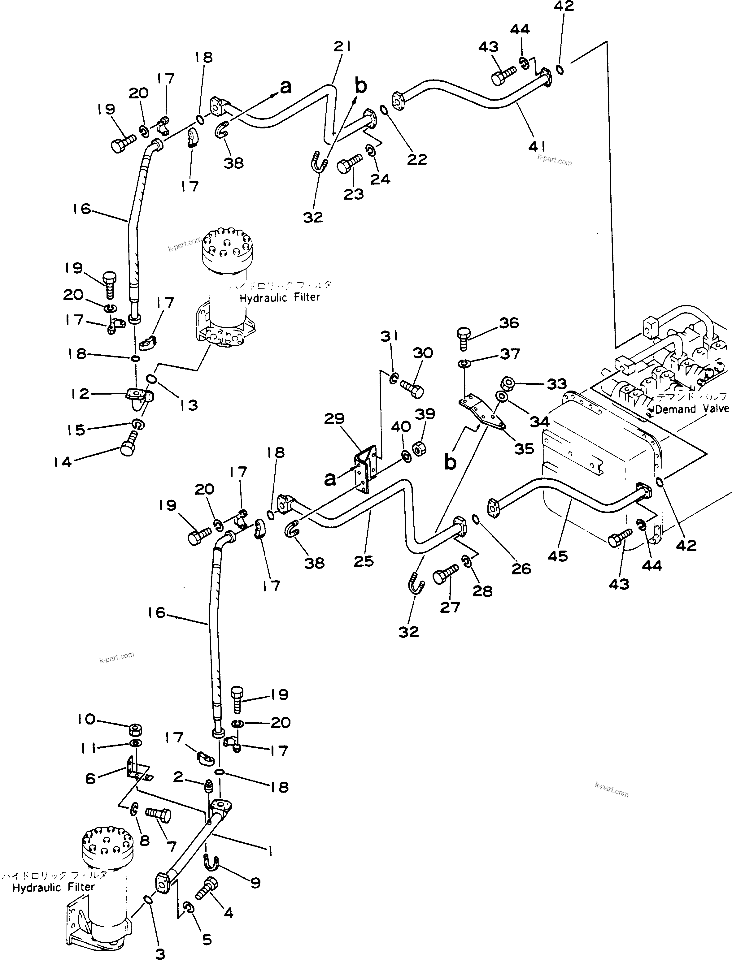 Komatsu parts book diagram for HD780-1 S/N 1002-UP: HYDRAULIC FILTER TO DEMAND VALVE PIPING