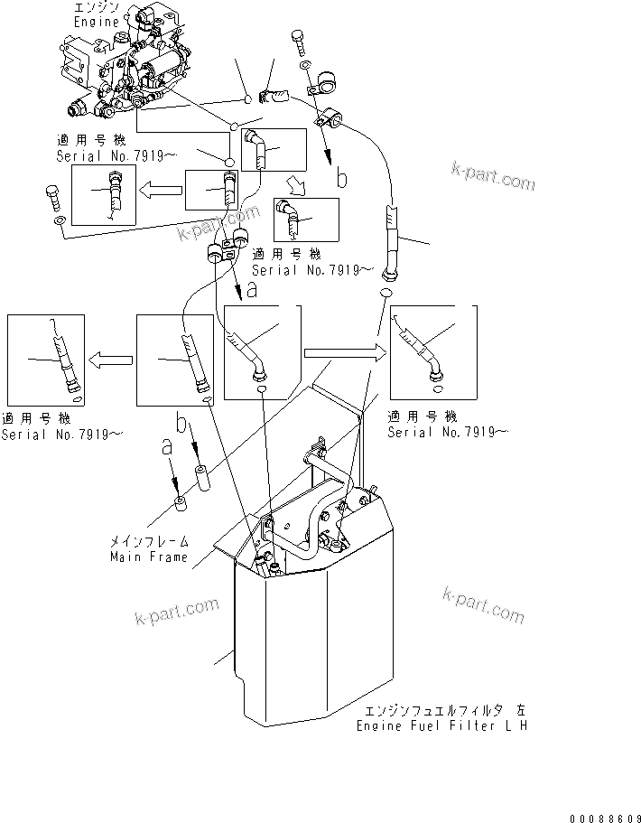 Komatsu parts book diagram for HD785-7 S/N 7001-8172: ENGINE (FUEL LINE) (FILTER TO ENGINE) (L.H.) (ADDITIONAL FUEL FILTER)(#7169-)