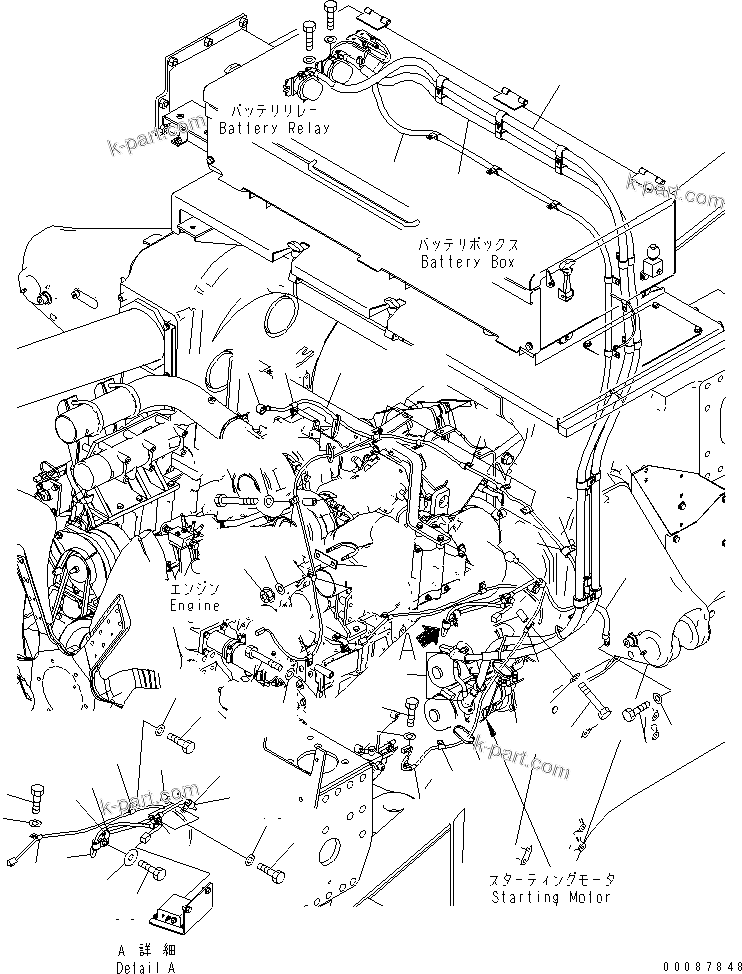 Komatsu parts book diagram for HD785-7 S/N 7001-8172: ENGINE EARTH AND HEATER RELAY HARNESS (ADDITIONAL FUEL FILTER)(#7169-)