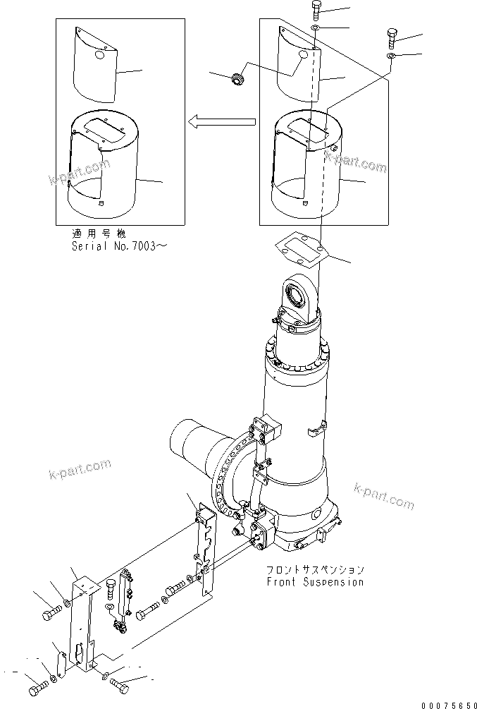Komatsu parts book diagram for HD785-7 S/N 7001-8172: FRONT AXLE (R.H.) (FRONT SUSPENSION ASS'Y) (COVER) (FOR PAYLOAD METETR AND AUTO SUSPENSION)(#7001-)