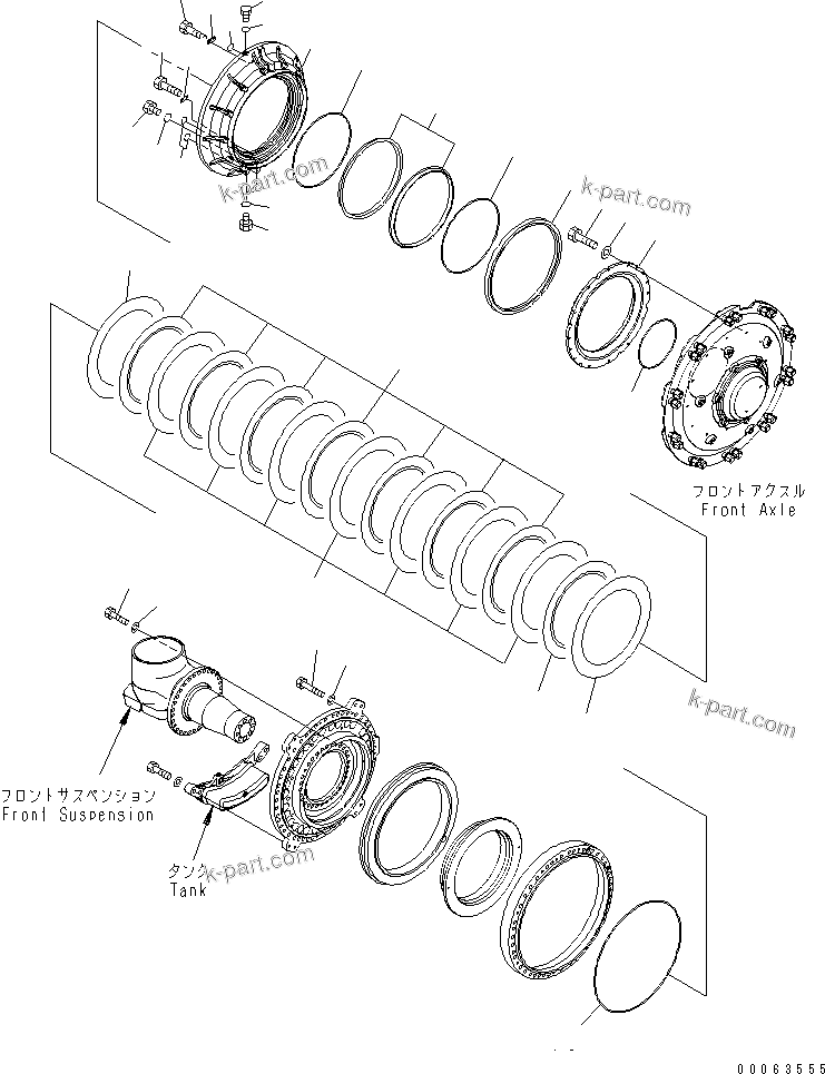 Komatsu parts book diagram for HD785-7 S/N 7001-8172: FRONT AXLE (L.H.) (BRAKE) (2/3) (FOR WITH ABS)(#8184-)