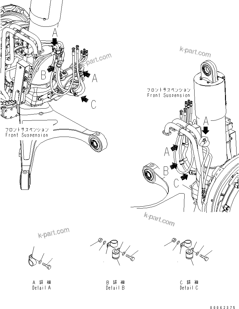Komatsu parts book diagram for HD785-7 S/N 7001-8172: FRONT AXLE (L.H.) (HOSE CLIP) (FOR SUSPENSION CYLINDERLINE) (AUTO SUSPENSION)(#7001-)