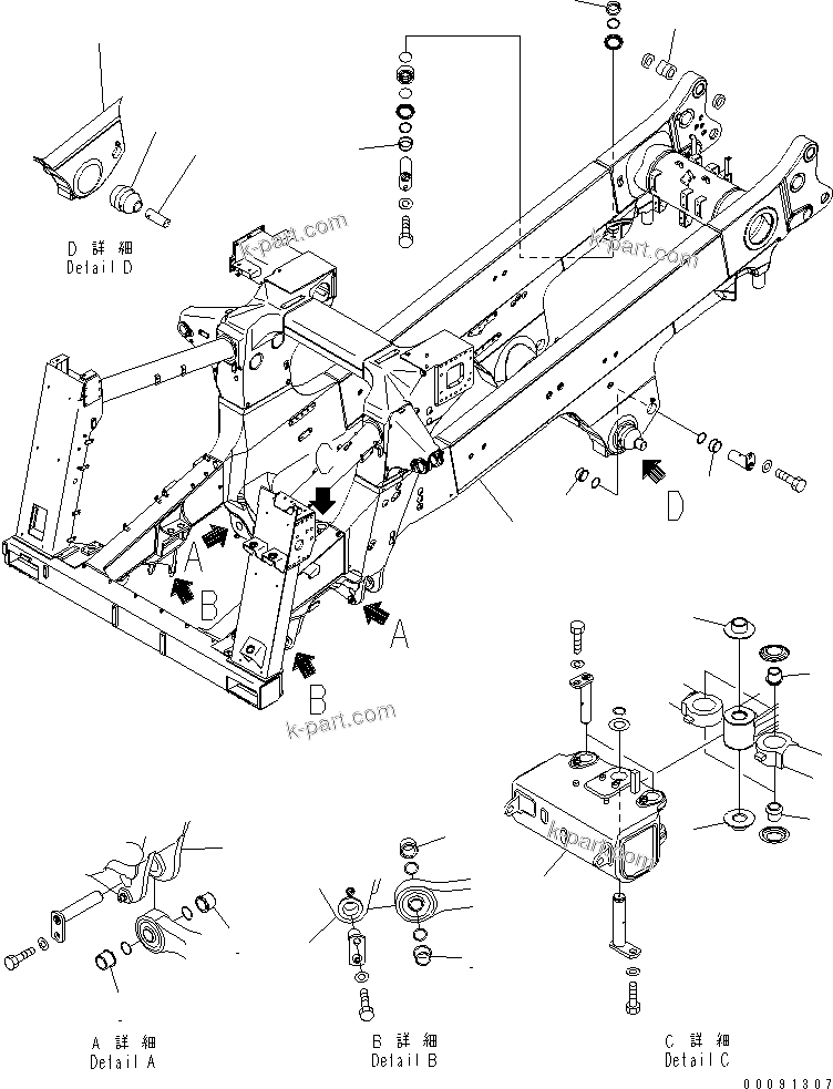 Komatsu parts book diagram for HD785-7 S/N 7001-8172: MAIN FRAME (FRAME) (A. FILTER ? TIRE STOPPER ? STAIRWAY ? ABS ? E.BRAKE ? ASR ? E. R. LAMP ? E. S. COVER)(#7936-)