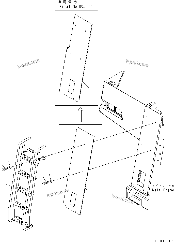 Komatsu parts book diagram for HD785-7 S/N 7001-8172: FRONT SUPPORT (R.H.) (BRACKET) (STAIRWAY) (EU)(#7169-)