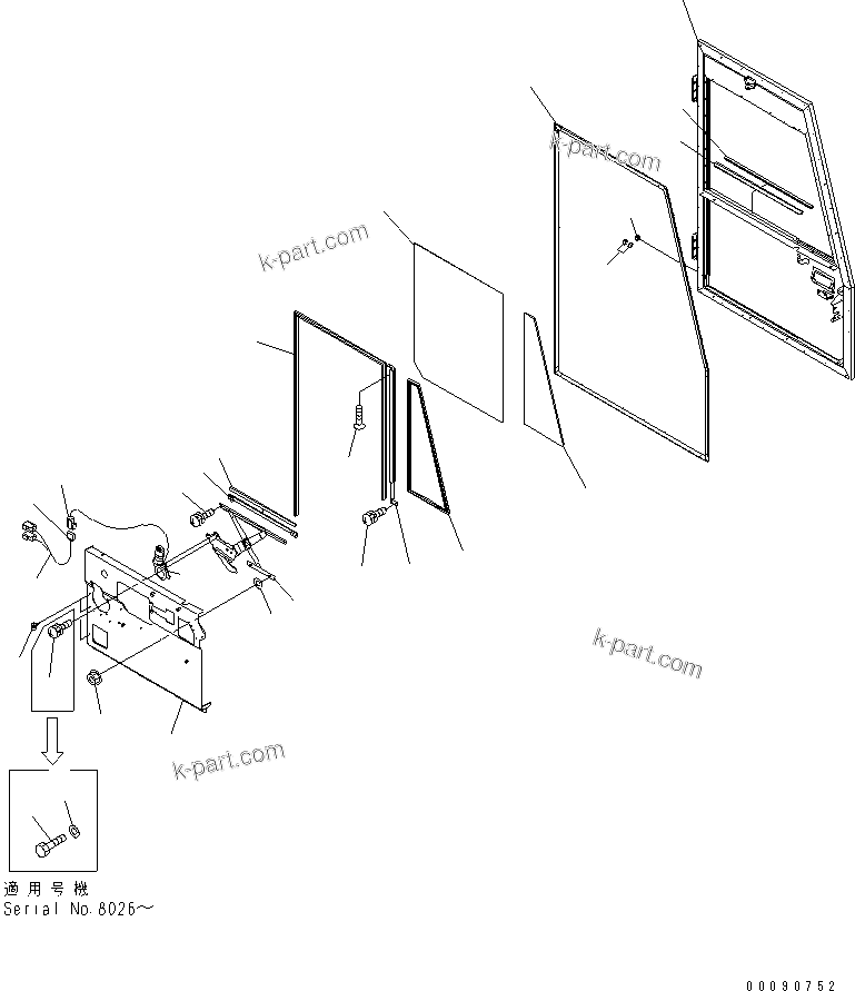 Komatsu parts book diagram for HD785-7 S/N 7001-8172: OPERATOR'S CAB (L.H. DOOR 1/3)(#7001-)