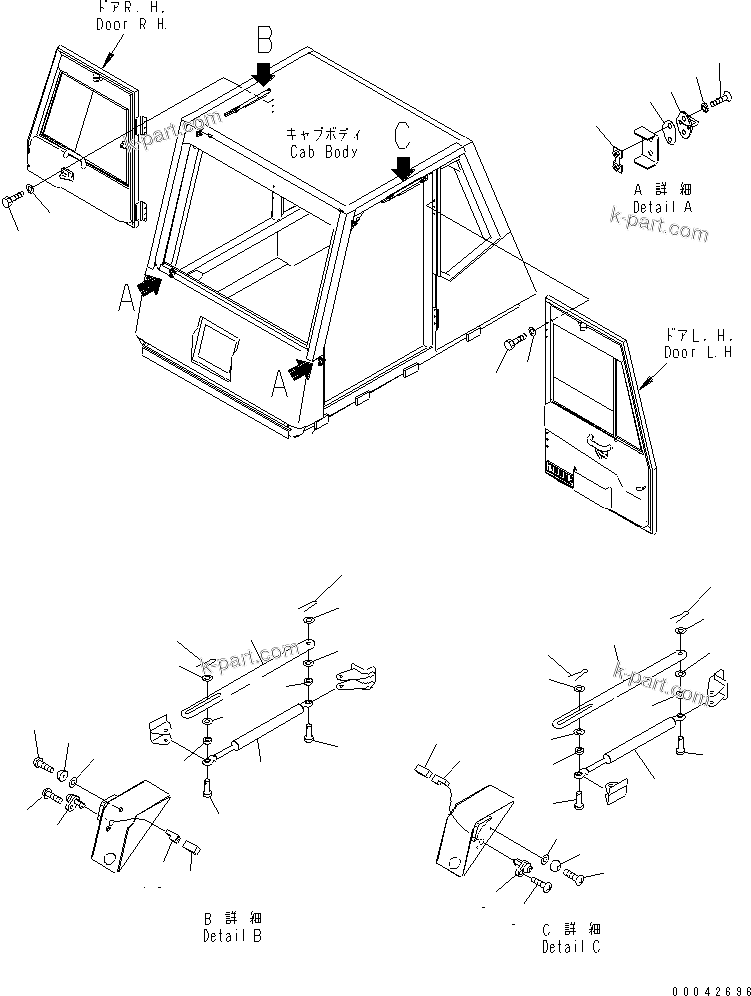 Komatsu parts book diagram for HD785-7 S/N 7001-8172: OPERATOR'S CAB (DOOR RELATED PART)(#7001-)