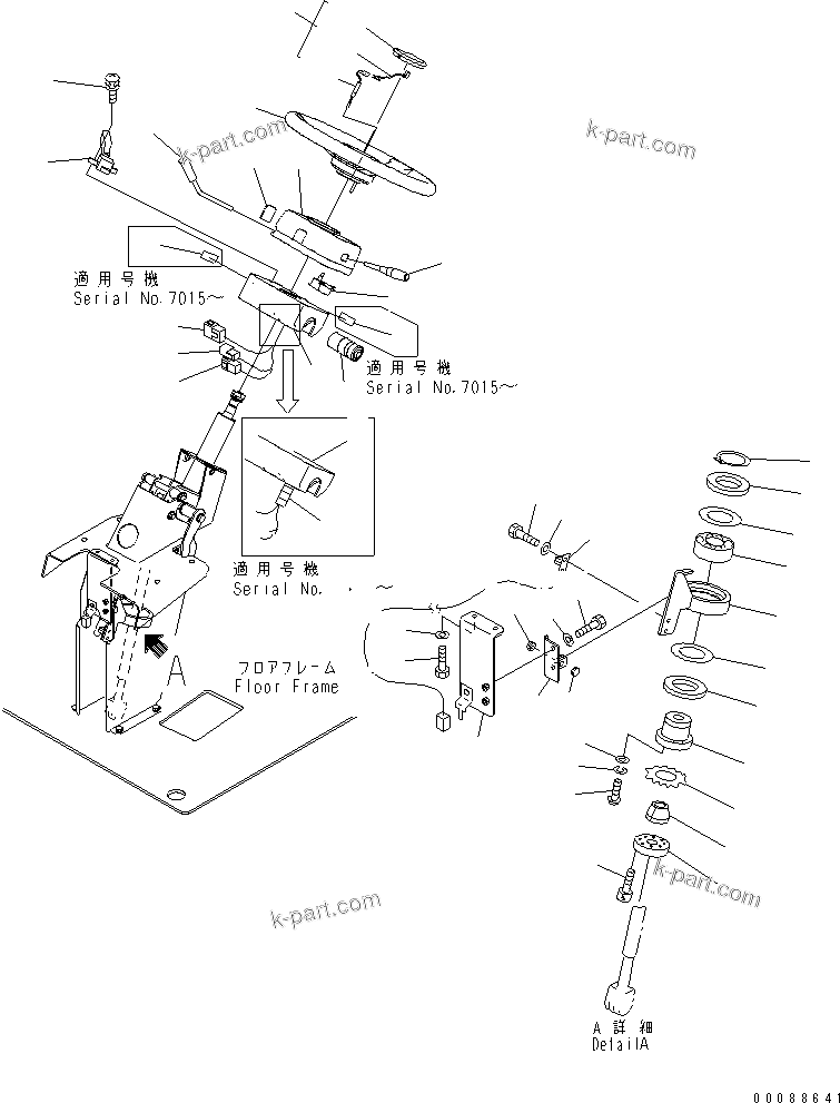 Komatsu parts book diagram for HD785-7 S/N 7001-8172: FLOOR (COLUMN SWITCH AND STEERING WHEEL) (WITH STEERING SENSOR)(#7001-)