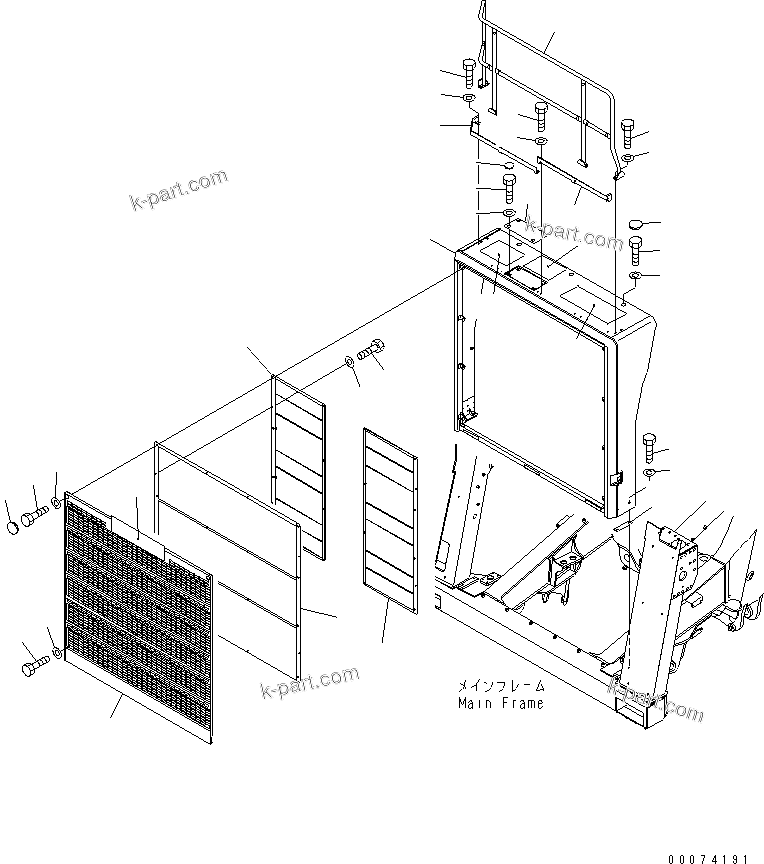 Komatsu parts book diagram for HD785-7 S/N 7001-8172: RADIATOR GUARD (SAND PROTECTION ? BATTERY ISOLATOR ? ENGINE SHUT DOWN)(#7169-)