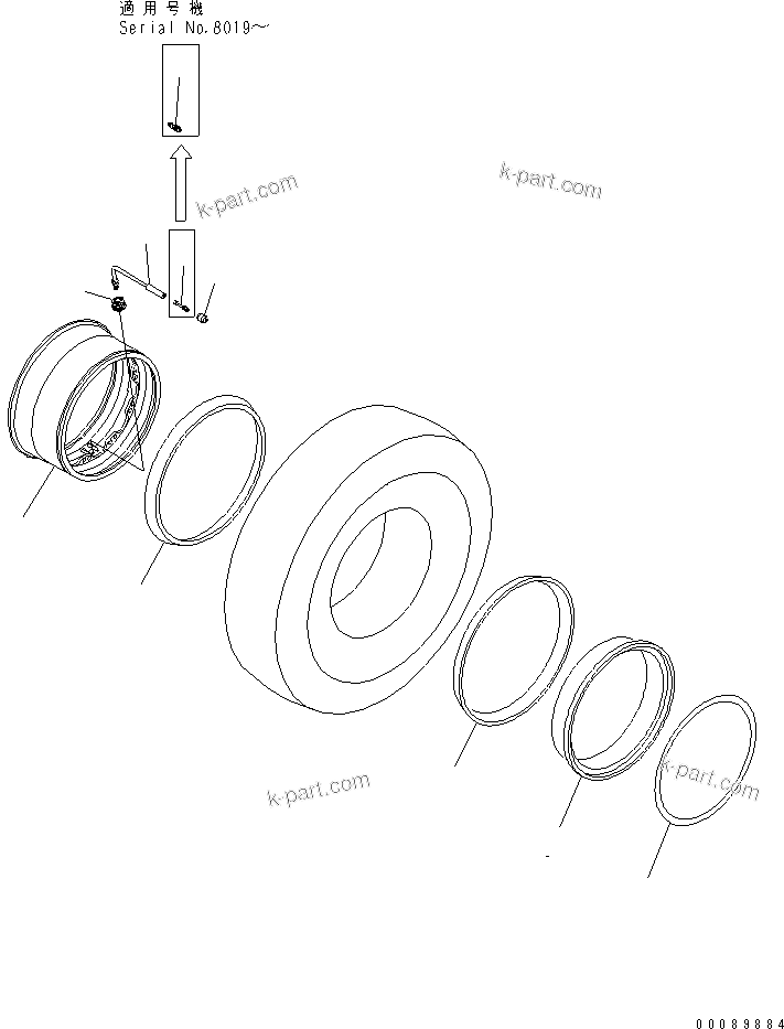 Komatsu parts book diagram for HD785-7 S/N 7001-8172: RIM (FRONT WHEEL)(#7001-)