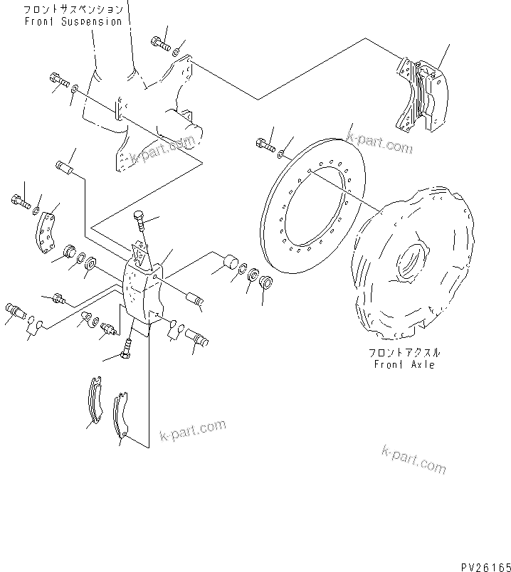 Komatsu parts book diagram for HD985-5 S/N 1021-UP: FRONT AXLE (LEFT HAND) (FRONT BRAKE ASS'Y)(#1053-)