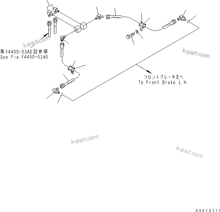 Komatsu parts book diagram for HD985-5 S/N 1021-UP: FRONT AXLE (LEFT HAND) (BRAKE OIL PIPING)(#1053-)