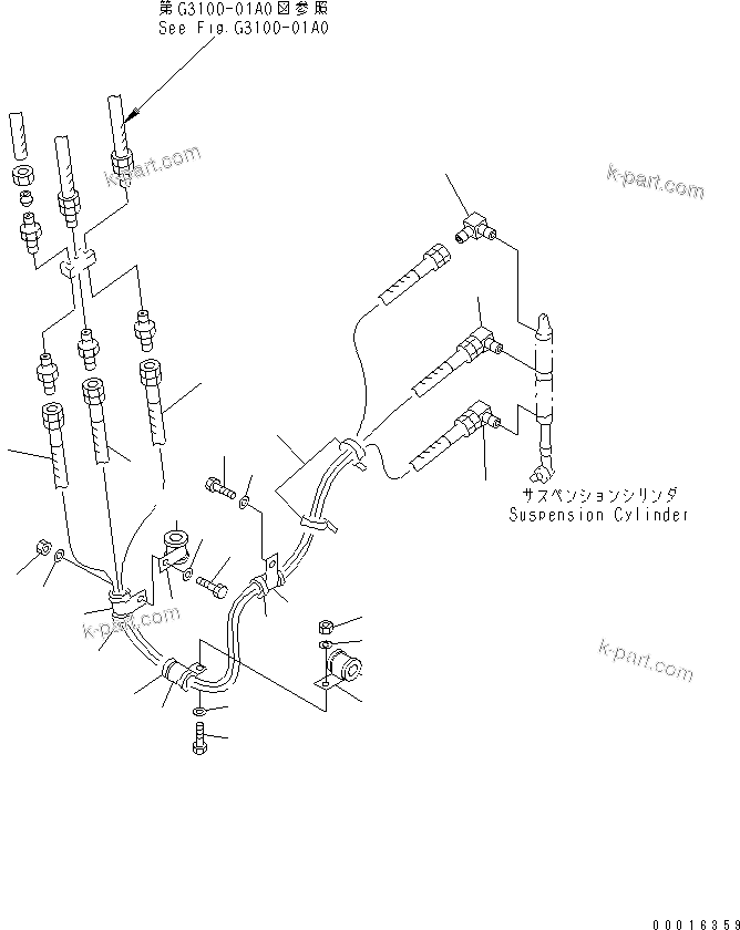Komatsu parts book diagram for HD985-5 S/N 1021-UP: FRONT AXLE (LEFT HAND) (HOSE) (AUTO SUSPENSION)(#1053-)