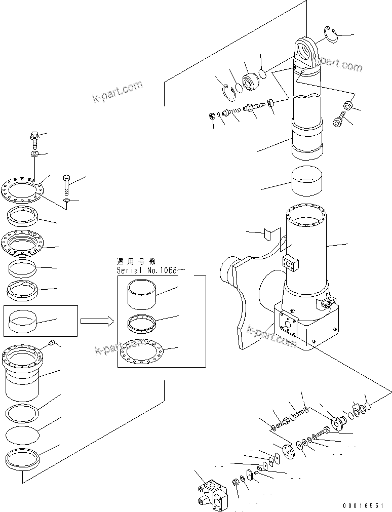 Komatsu parts book diagram for HD985-5 S/N 1021-UP: FRONT AXLE (RIGHT HAND) (FRONT SUSPENSION ASS'Y) (1/2) (STANDARD) (PAYLOAD METER CARD TYPE)(#1053-)