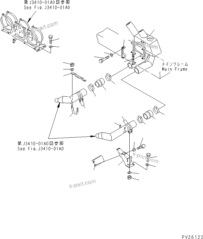 Komatsu parts book diagram for HD985-5 S/N 1021-UP: AIR INTAKE PIPING (2/2) (WITH EXHAUST BRAKE)