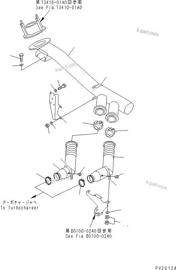 Komatsu parts book diagram for HD985-5 S/N 1021-UP: EXHAUST PIPING (WITH EXHAUST BRAKE)