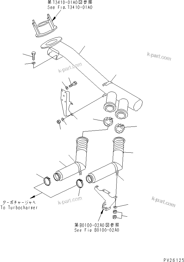 Komatsu parts book diagram for HD985-5 S/N 1021-UP: EXHAUST PIPING (WITHOUT EXHAUST BRAKE)