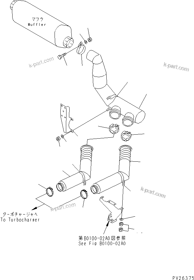 Komatsu parts book diagram for HD985-5 S/N 1021-UP: EXHAUST PIPING (WITHOUT EXHAUST BRAKE) (MUFFLER)