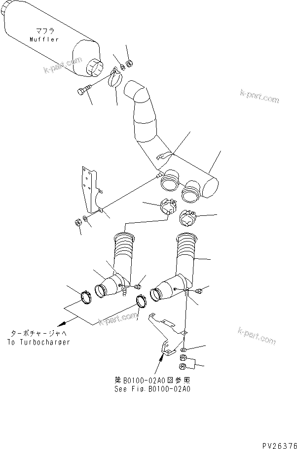 Komatsu parts book diagram for HD985-5 S/N 1021-UP: EXHAUST PIPING (WITH EXHAUST BRAKE) (MUFFLER)