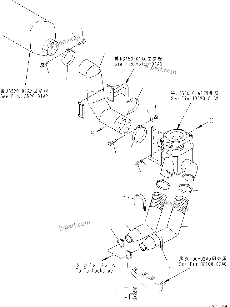 Komatsu parts book diagram for HD985-5 S/N 1021-UP: EXHAUST PIPING (WITH EXHAUST BRAKE) (WITH EXHAUST BOX)