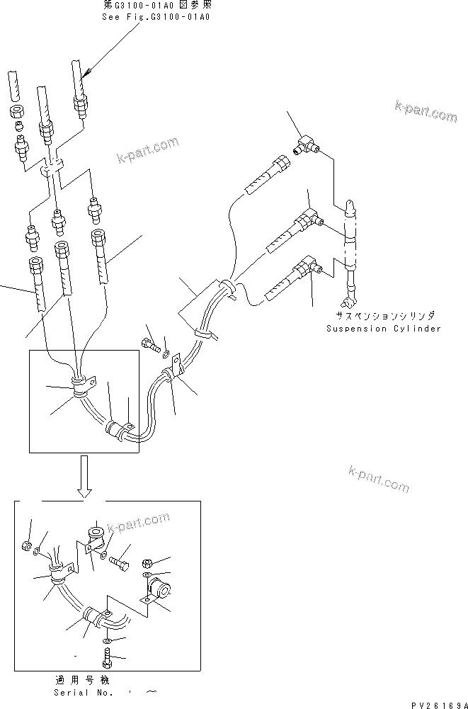 Komatsu parts book diagram for HD985-5 S/N 1021-UP: FRONT AXLE (LEFT HAND) (HOSE) (AUTO SUSPENSION)(#1021-1052)