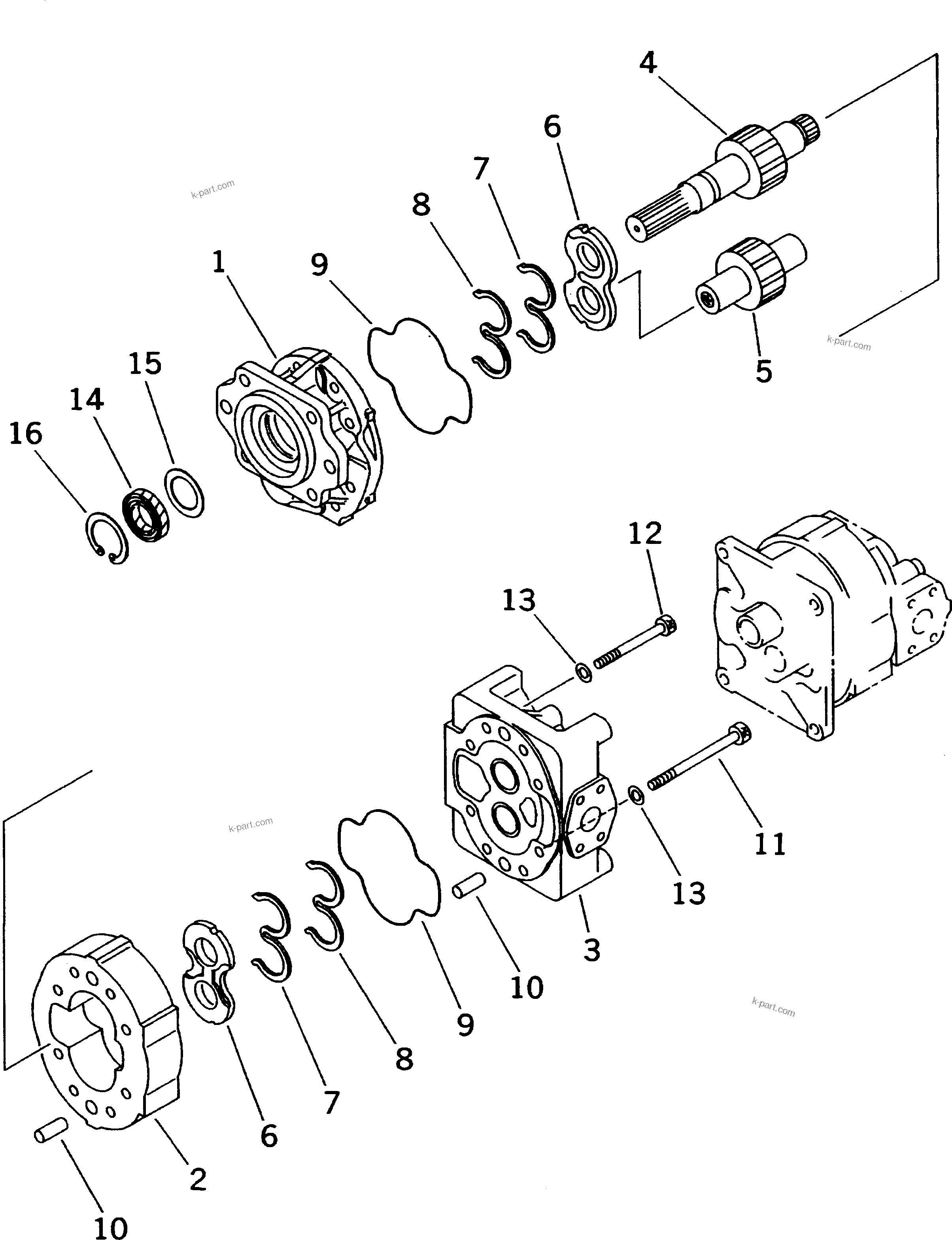 Komatsu parts book diagram for HD985-5 S/N 1021-UP: HYDRAULIC PUMP (STEERING AND HOIST) (1/2)