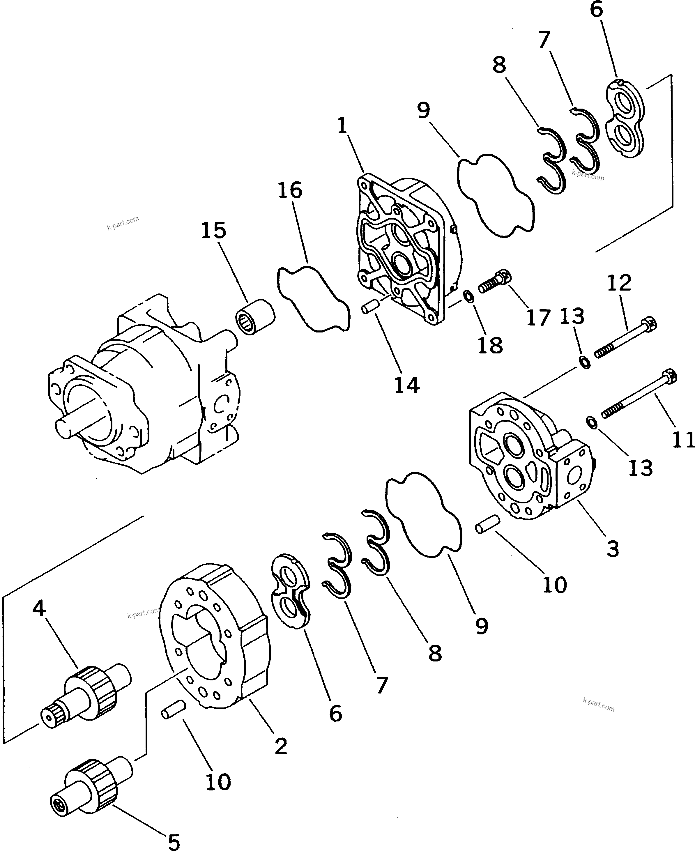 Komatsu parts book diagram for HD985-5 S/N 1021-UP: HYDRAULIC PUMP (STEERING AND HOIST) (2/2)