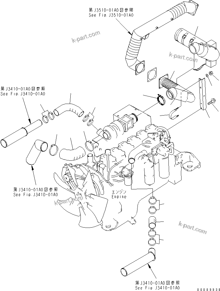 Komatsu parts book diagram for HM300-1 S/N 1001-UP: ENGINE PIPING (AIR INTAKE AND EXHAUST) (WITH EXHAUST BRAKE)(#.-)