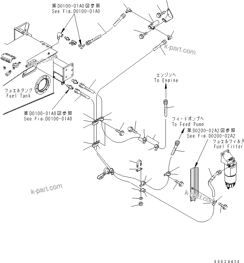 Komatsu parts book diagram for HM300-1 S/N 1001-UP: FUEL PIPING (WITH ADDITIONAL FUEL FILTER) (1/2)