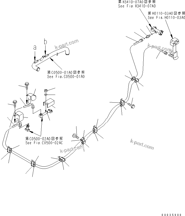 Komatsu parts book diagram for HM300-1 S/N 1001-UP: HYDRAULIC PIPING (OIL COOLER LINE)(#1128-)