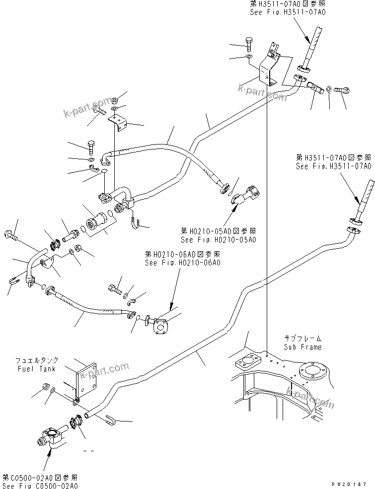 Komatsu parts book diagram for HM300-1 S/N 1001-UP: BRAKE COOLING PIPING (CENTER AXLE LINE ? FRONT FRAME SIDE)